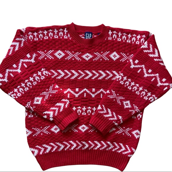 GAP Chunky Knit Wool Red White Sweater Large - Picture 1 of 10